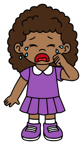 Emotional Cartoon Clipart of a Tearful Little Girl with Curly Hair in Purple Outfit