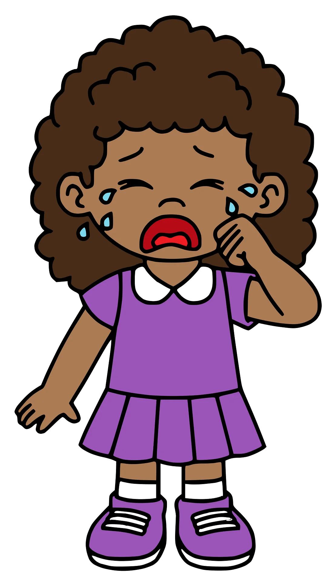 Emotional Cartoon Clipart of a Tearful Little Girl with Curly Hair in Purple Outfit