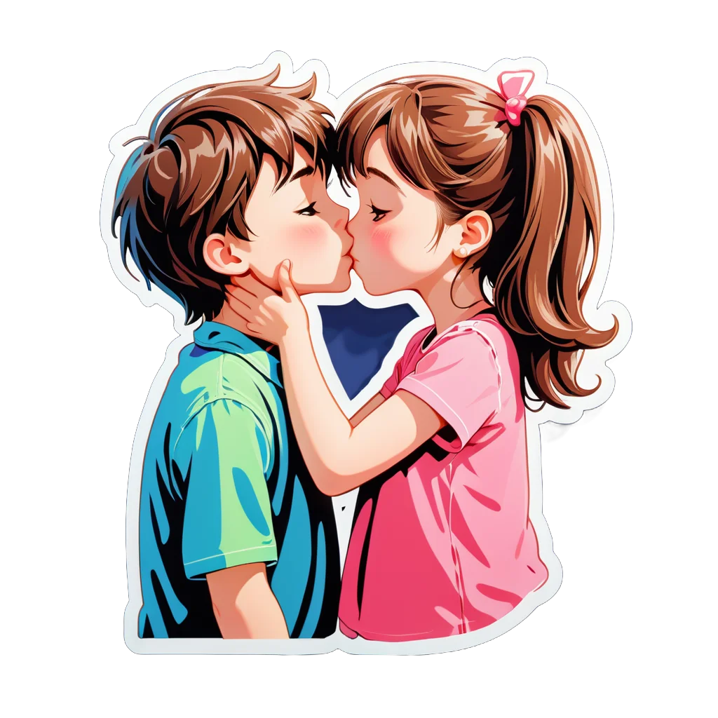 Sweet Childhood Innocence: Adorable Kids Sharing a Cheek Kiss Clipart Illustration