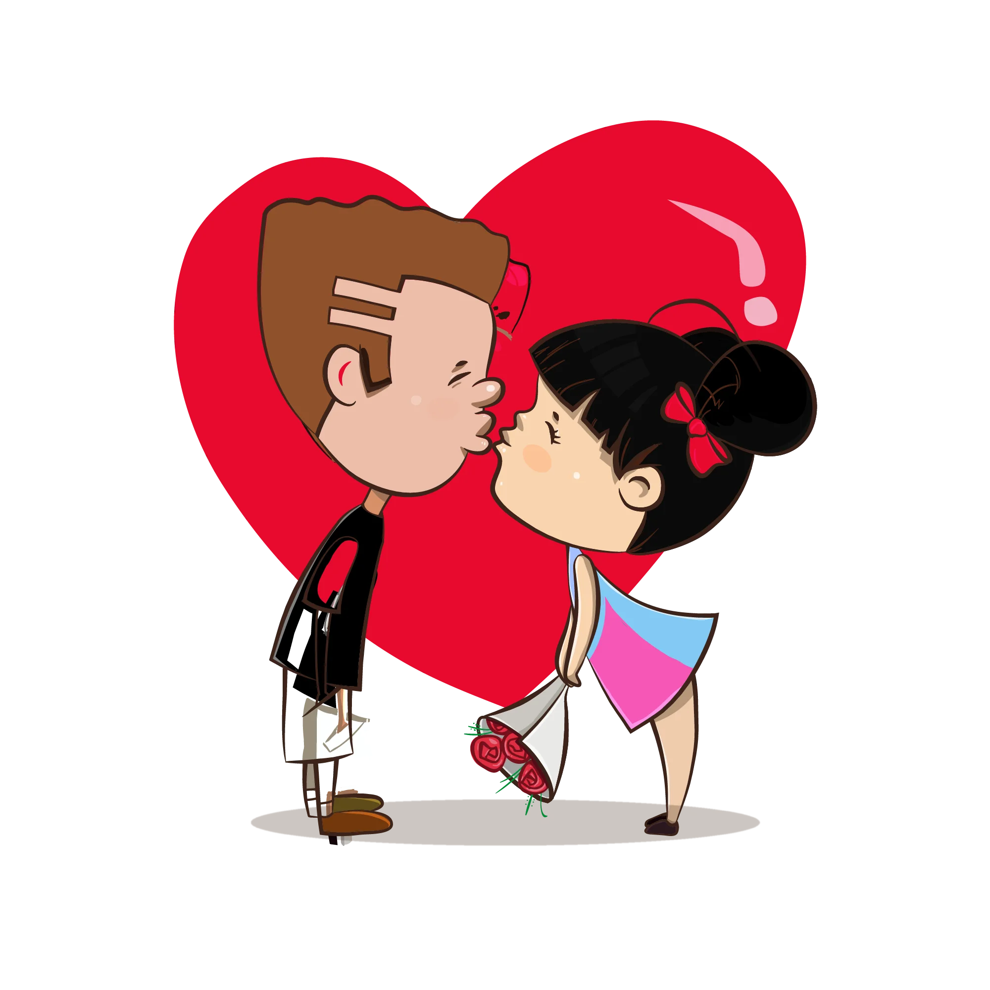 Sweet Romantic Cartoon Clipart: Adorable Couple Sharing a Tender Kiss