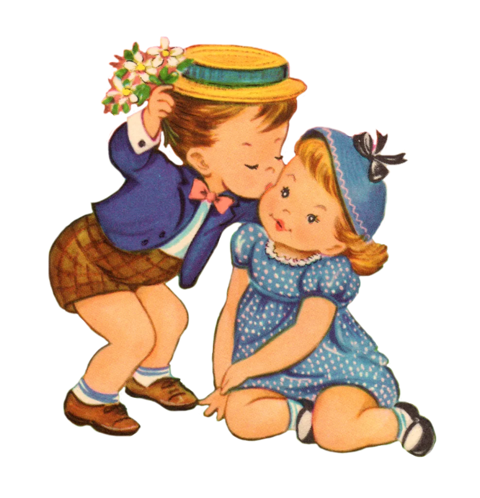 Sweet Vintage Childhood Moment Clipart: Tender Affection Between Two Children