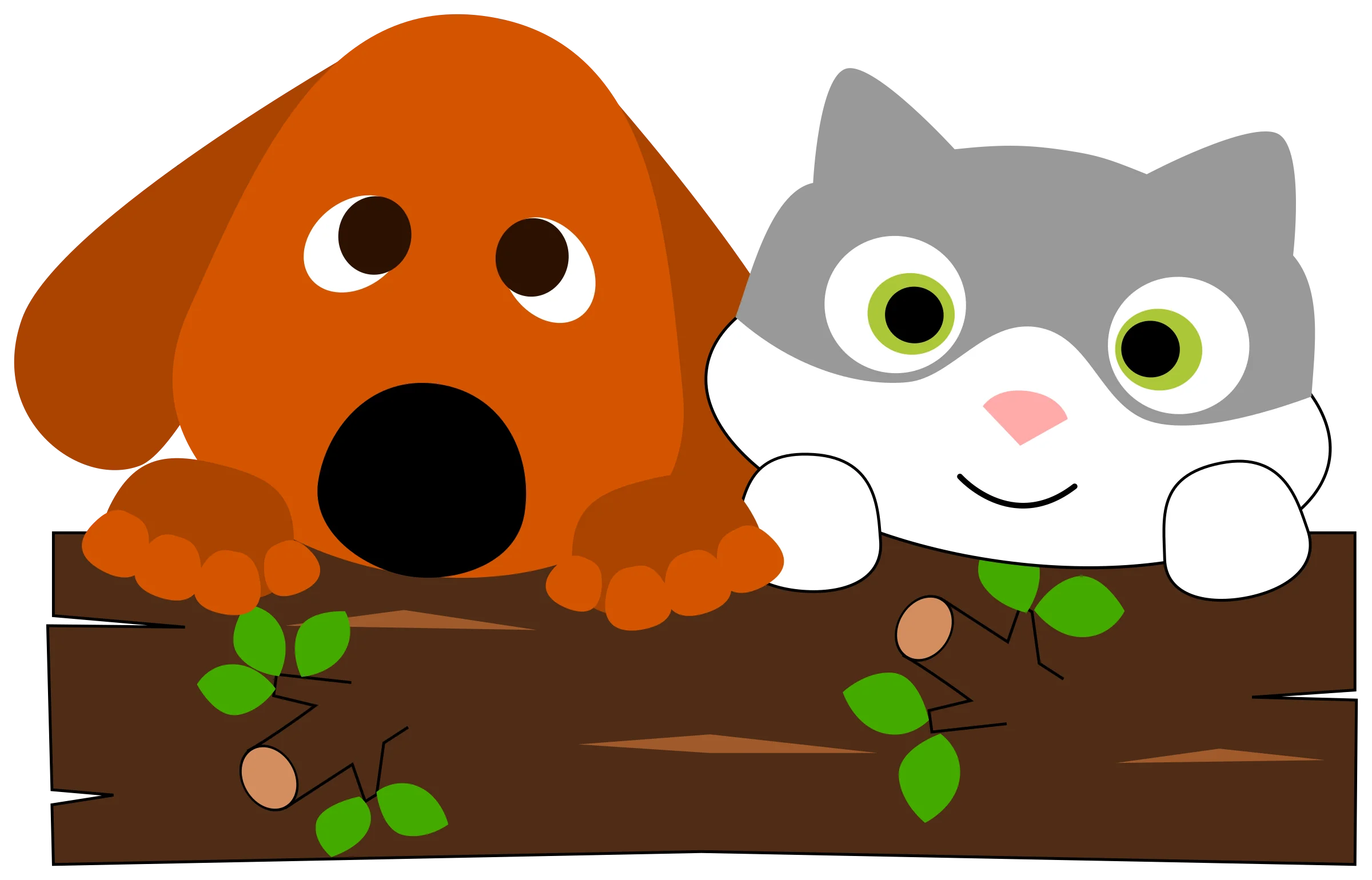 Adorable Cartoon Dog and Cat Friends Sharing a Cozy Wooden Log Clipart Illustration