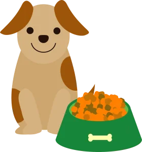 Adorable Cartoon Dog Sitting Next to a Bountiful Green Food Bowl Clipart