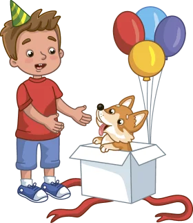 Cheerful Birthday Surprise: Adorable Boy and Corgi Puppy Clipart Celebration