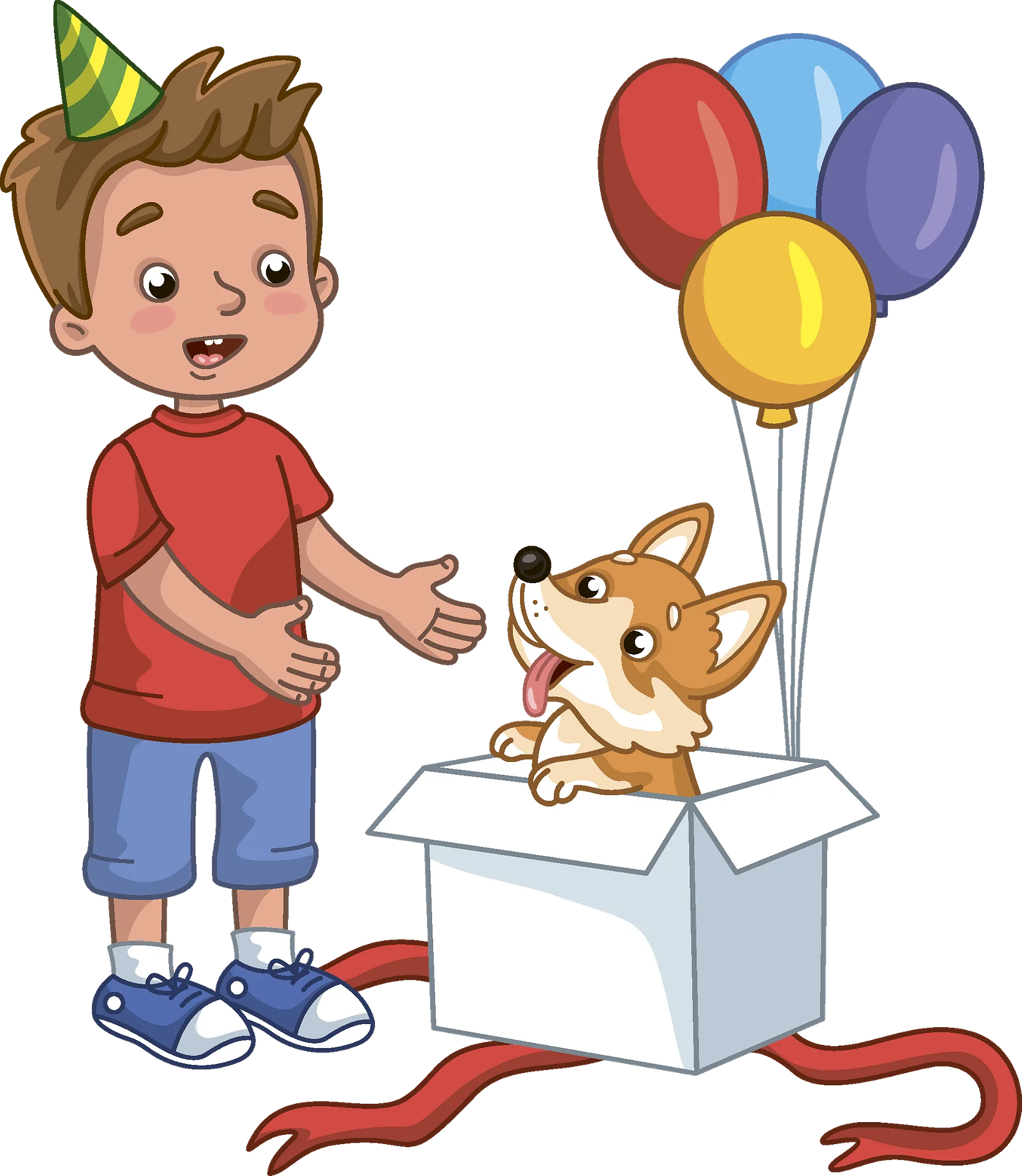 Cheerful Birthday Surprise: Adorable Boy and Corgi Puppy Clipart Celebration