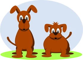 Two Playful Brown Cartoon Dogs Sitting on Grassy Patch Clipart Illustration