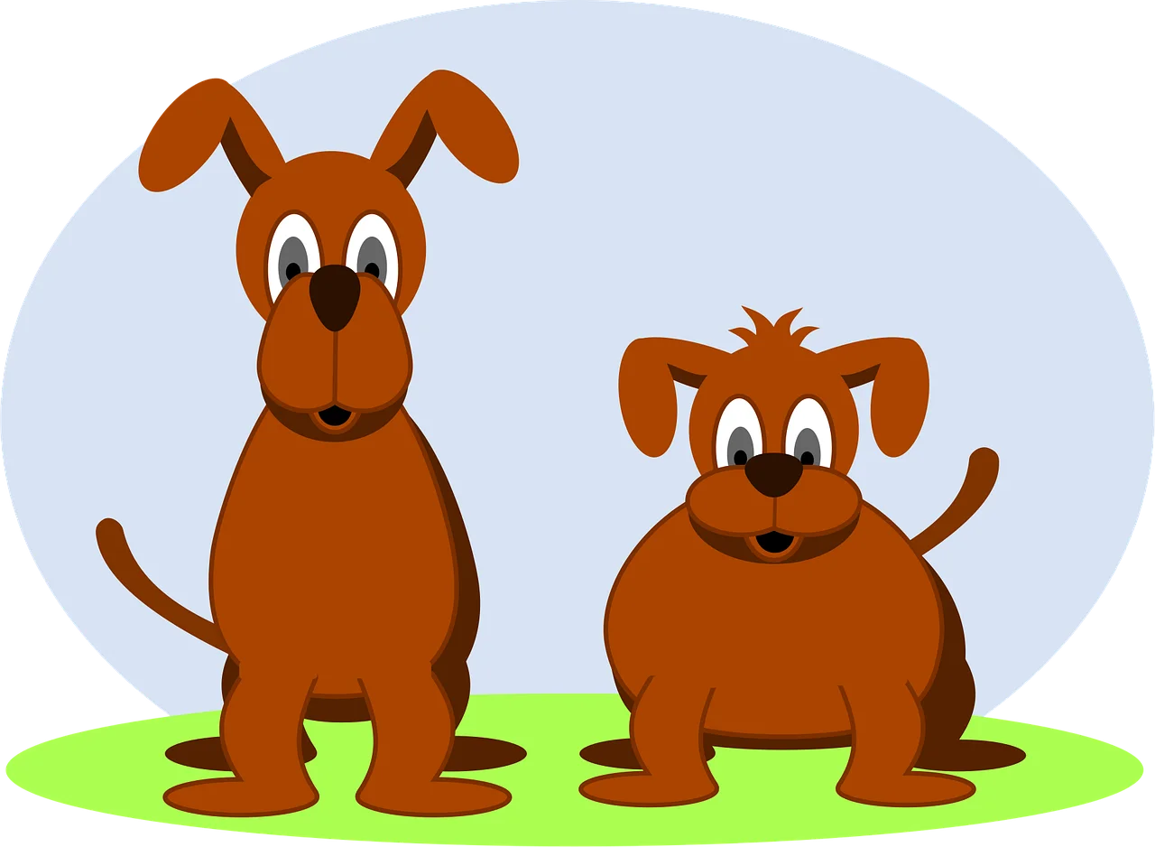 Two Playful Brown Cartoon Dogs Sitting on Grassy Patch Clipart Illustration
