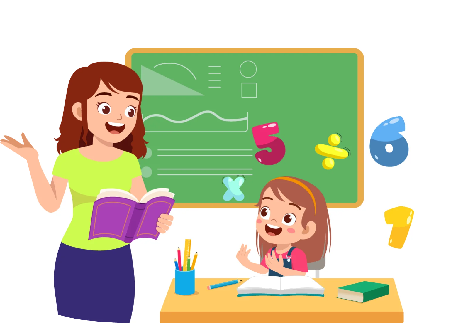 Cheerful Classroom Learning Clipart: Teacher and Student Engaging in Educational Moment