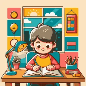 Cheerful Student's Cozy Study Space: Adorable Clipart Illustration of Learning Essentials