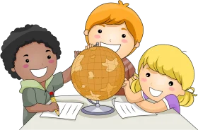 Curious Children Exploring a Globe Together: Educational Clipart Illustration