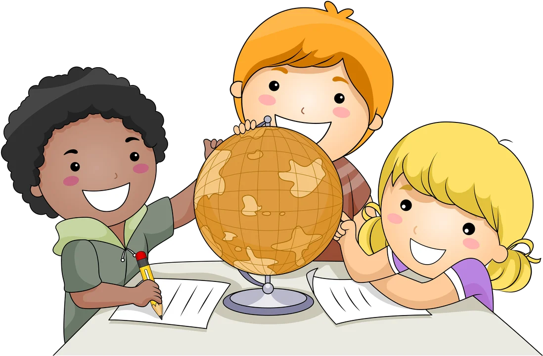 Curious Children Exploring a Globe Together: Educational Clipart Illustration