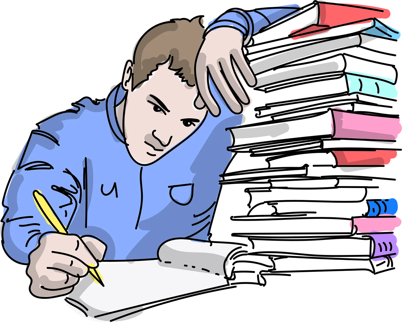 Diligent Student Surrounded by Towering Stack of Books - Educational Clipart Illustration