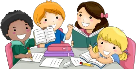 Diverse Young Students Studying Together - Educational Collaborative Clipart Scene