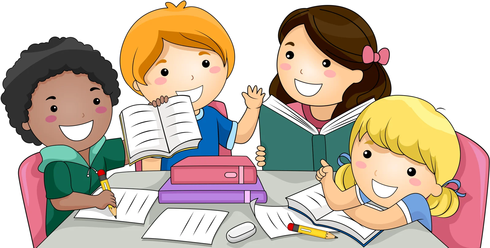 Diverse Young Students Studying Together - Educational Collaborative Clipart Scene