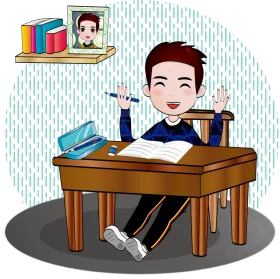 Enthusiastic Student Studying at Desk: A Cheerful Educational Clipart Scene