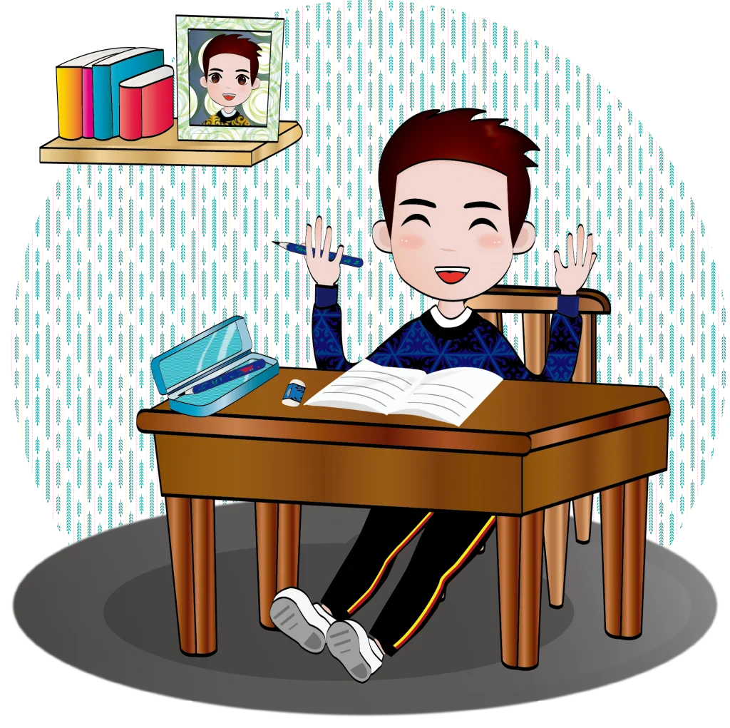 Enthusiastic Student Studying at Desk: A Cheerful Educational Clipart Scene