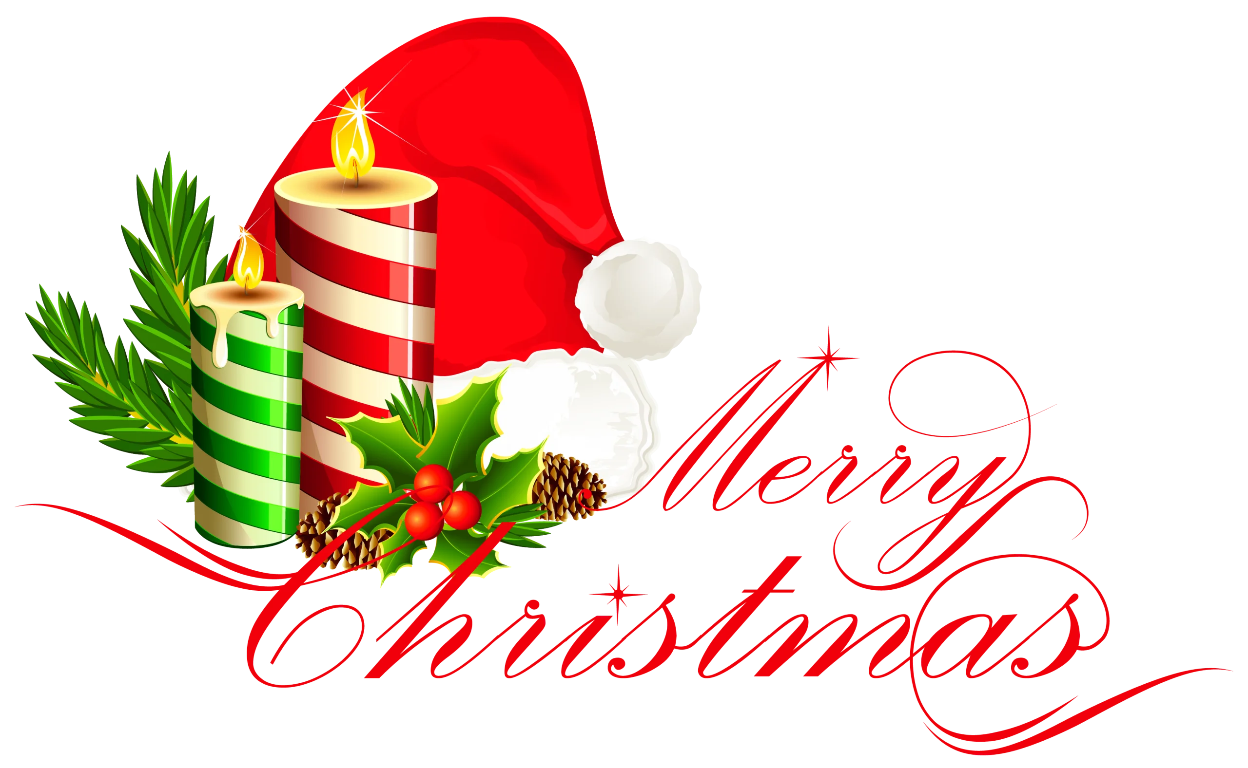 Festive Christmas Clipart with Santa Hat, Candles, and Holly Berries