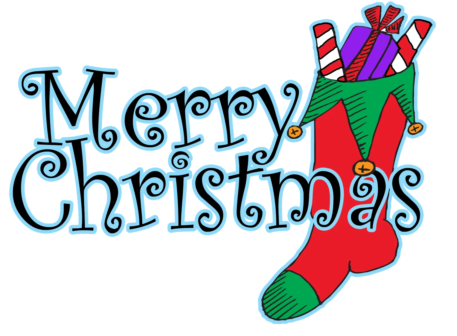Festive Merry Christmas Clipart with Colorful Holiday Stocking and Gifts
