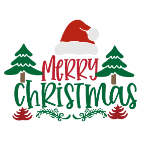 Festive Merry Christmas Clipart with Santa Hat and Pine Trees Design