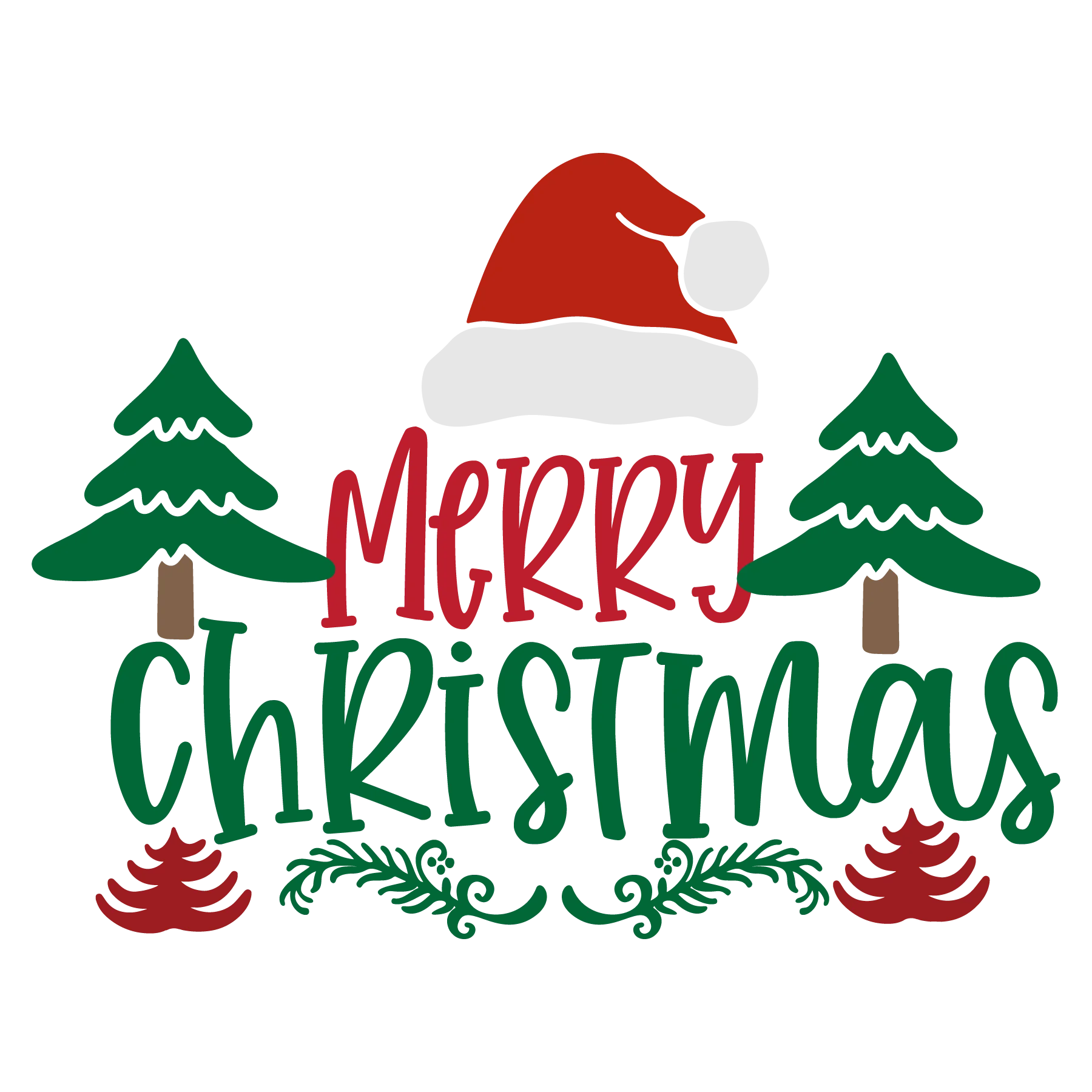 Festive Merry Christmas Clipart with Santa Hat and Pine Trees Design