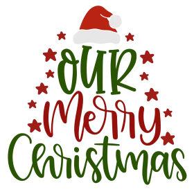 Our Merry Christmas Festive Holiday Clipart Design with Santa Hat and Stars