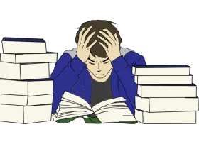Overwhelmed Student Drowning in Study Materials Clipart Illustration