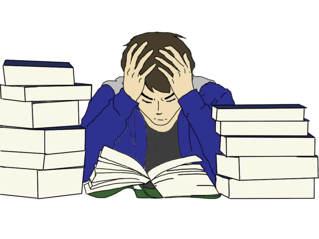 Overwhelmed Student Drowning in Study Materials Clipart Illustration