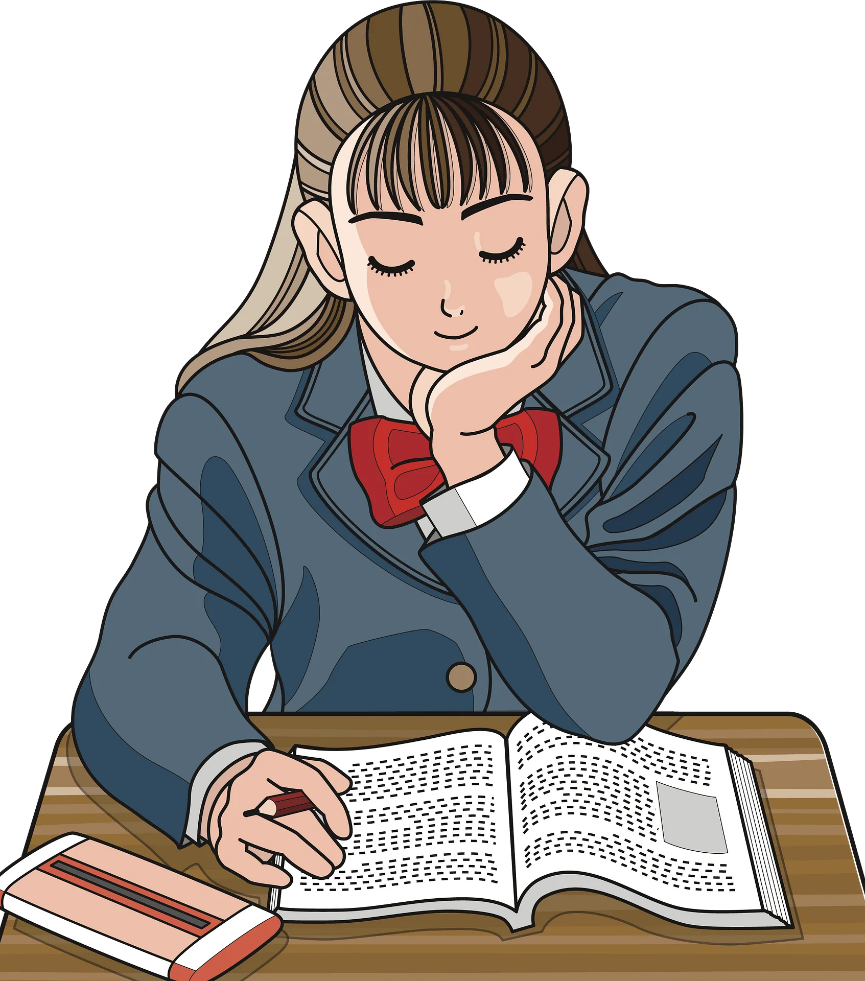 Studious Student in School Uniform Concentrating on Studying Clipart Illustration