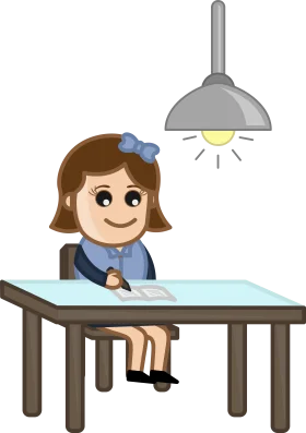 Studious Student Sitting at Desk Under Warm Lamp - Cartoon Clipart Illustration