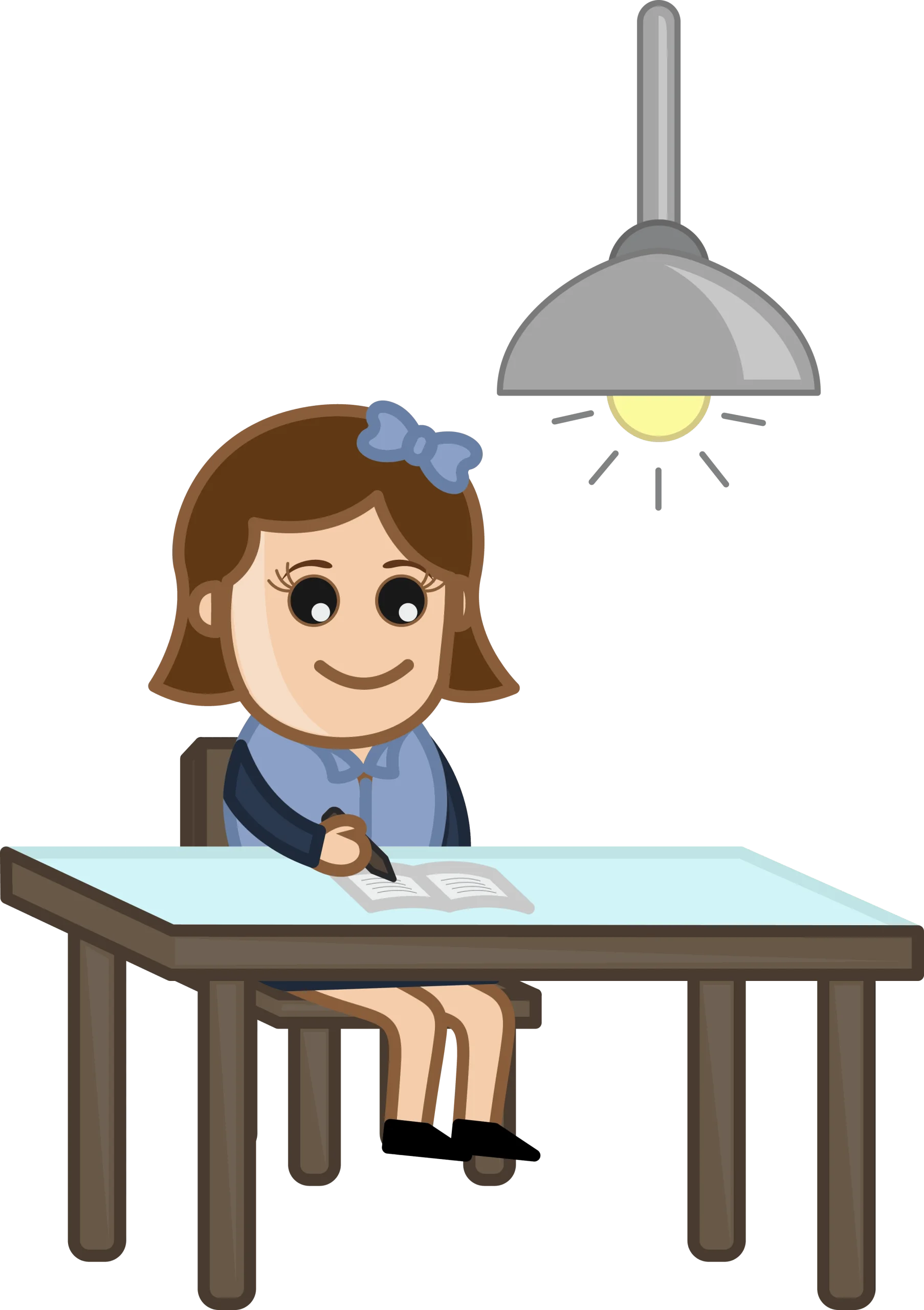 Studious Student Sitting at Desk Under Warm Lamp - Cartoon Clipart Illustration