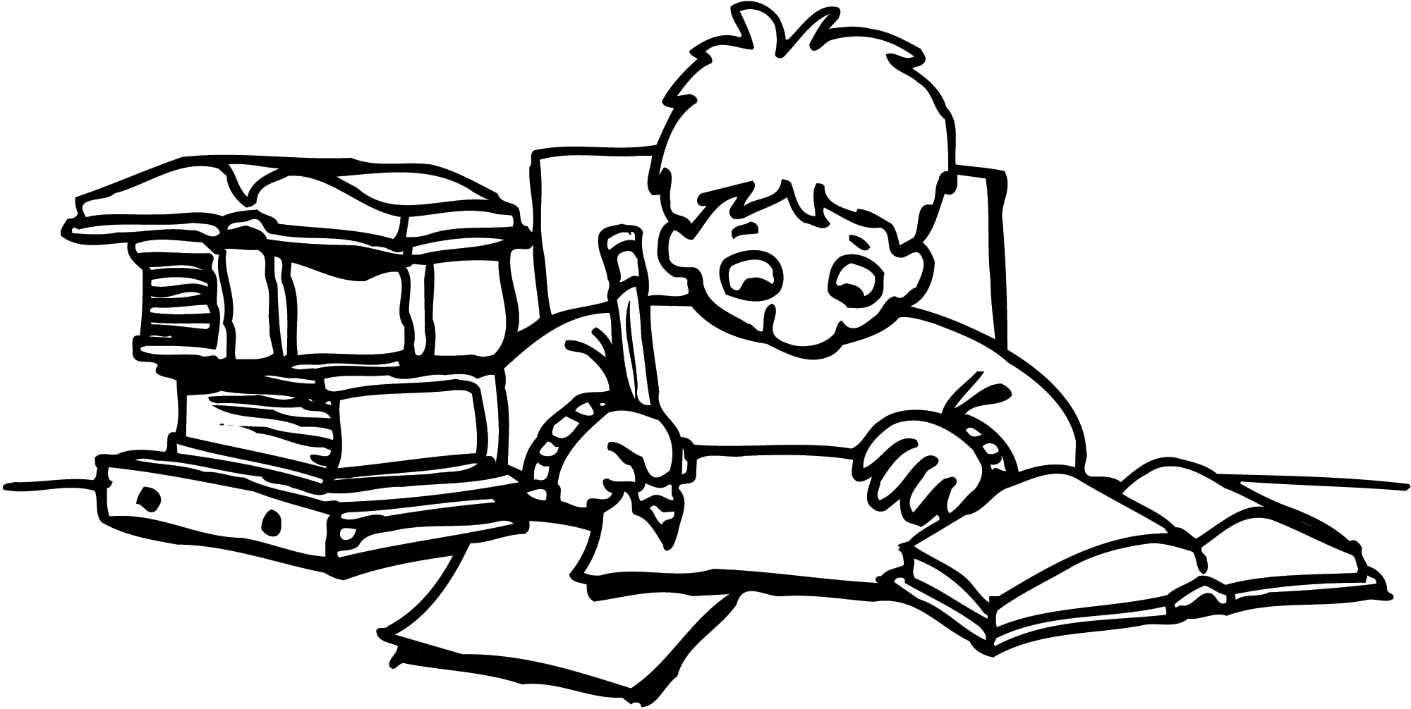 Young Student Diligently Studying with Books and Notes Clipart Illustration
