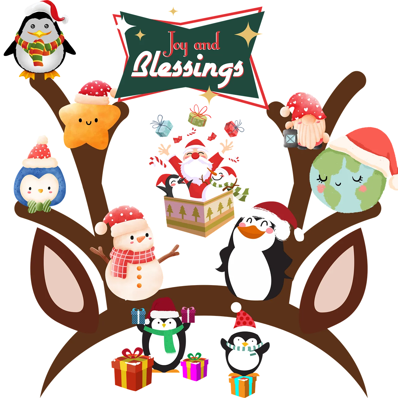 Adorable Christmas Blessings Clipart with Festive Reindeer and Cheerful Characters