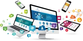 Digital Technology Ecosystem Clipart Showcasing Interconnected Devices and Applications