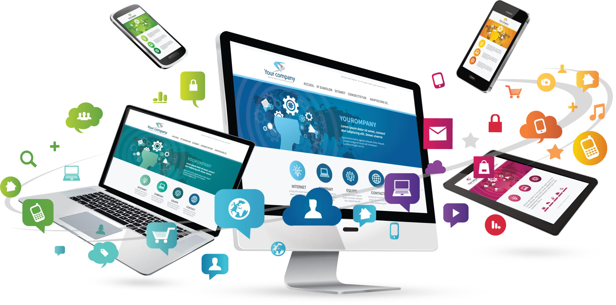 Digital Technology Ecosystem Clipart Showcasing Interconnected Devices and Applications