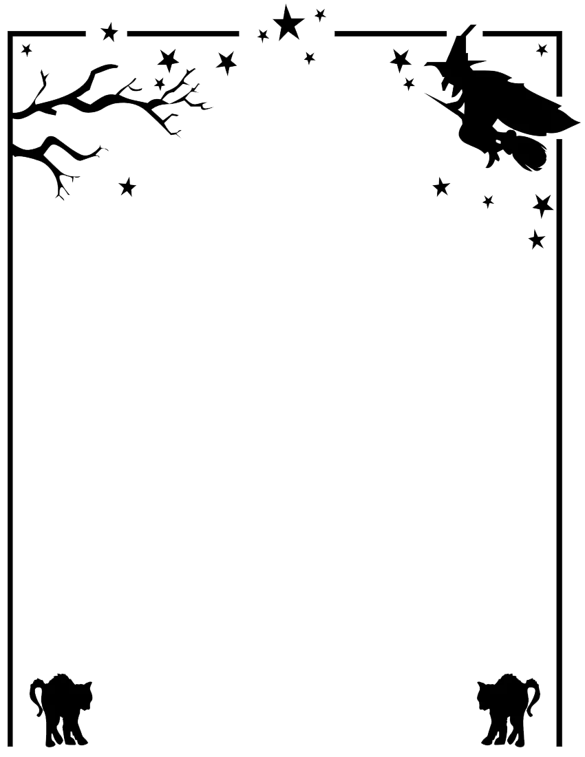 Eerie Halloween Clipart Border with Witch, Cat Silhouettes, and Starry Night Scene