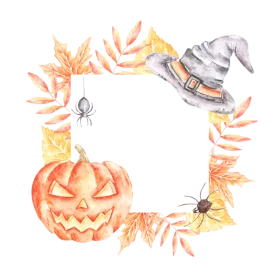 Enchanting Halloween Festive Frame Watercolor Clipart with Pumpkin and Autumn Leaves