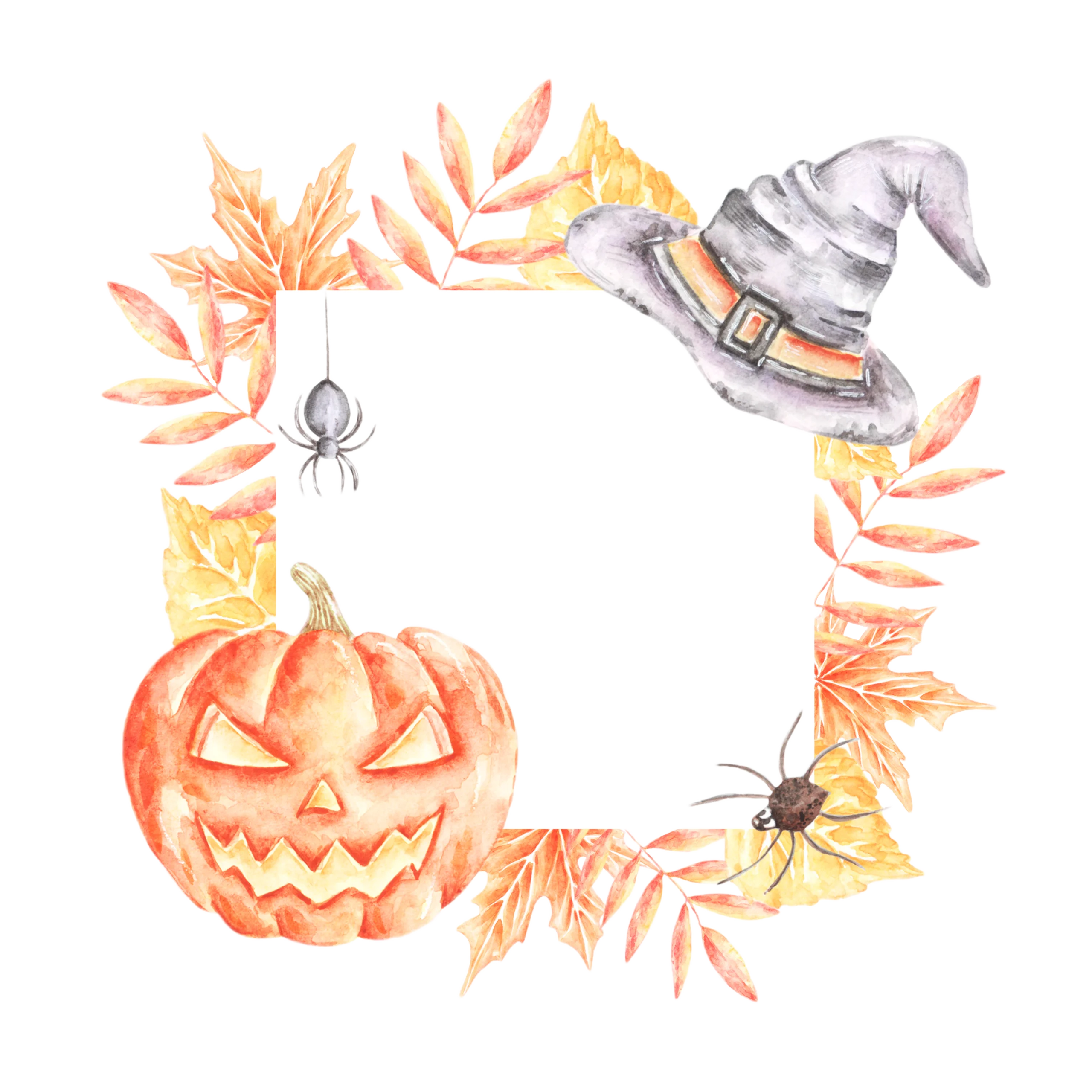 Enchanting Halloween Festive Frame Watercolor Clipart with Pumpkin and Autumn Leaves