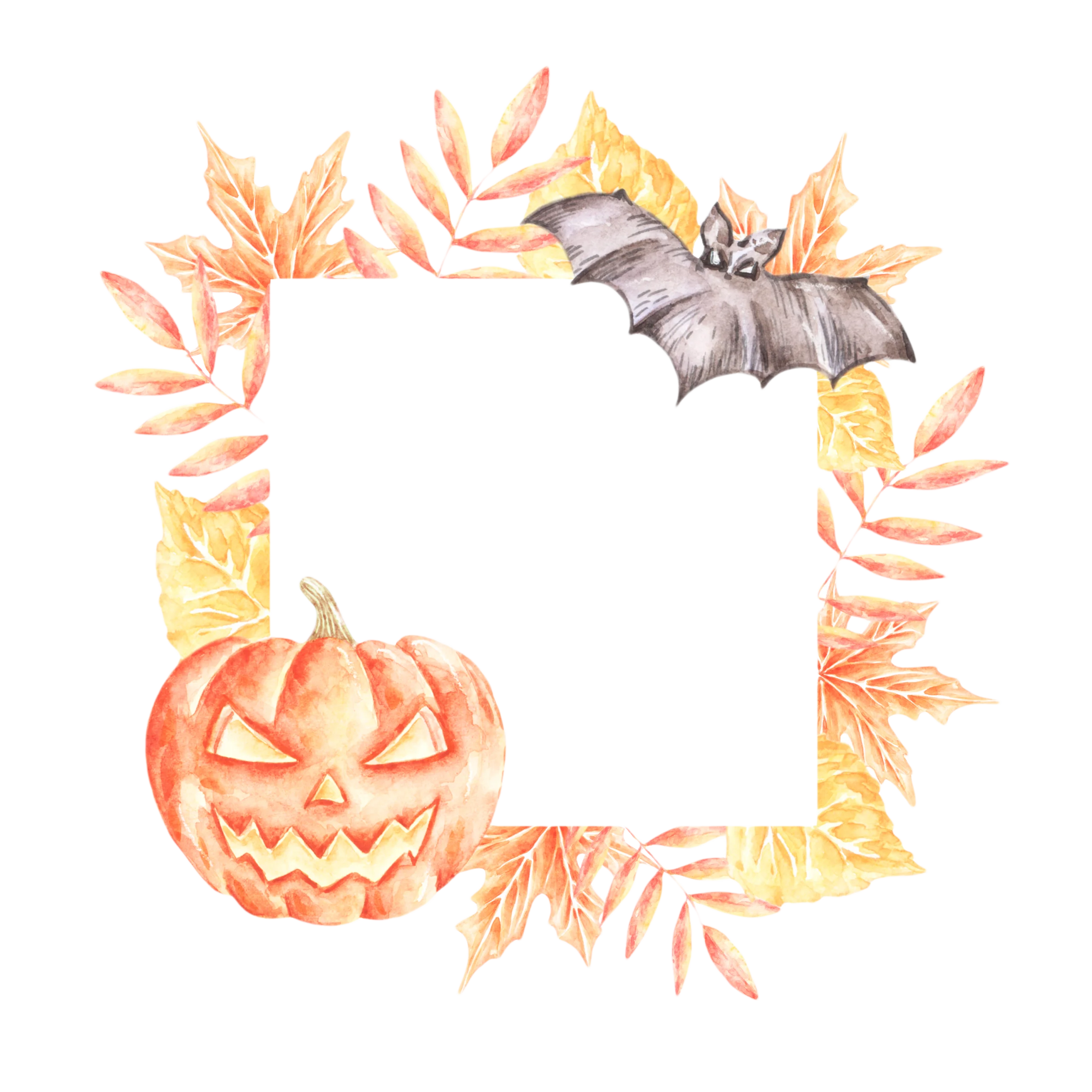 Enchanting Halloween Watercolor Clipart Frame with Pumpkin and Bat Silhouettes