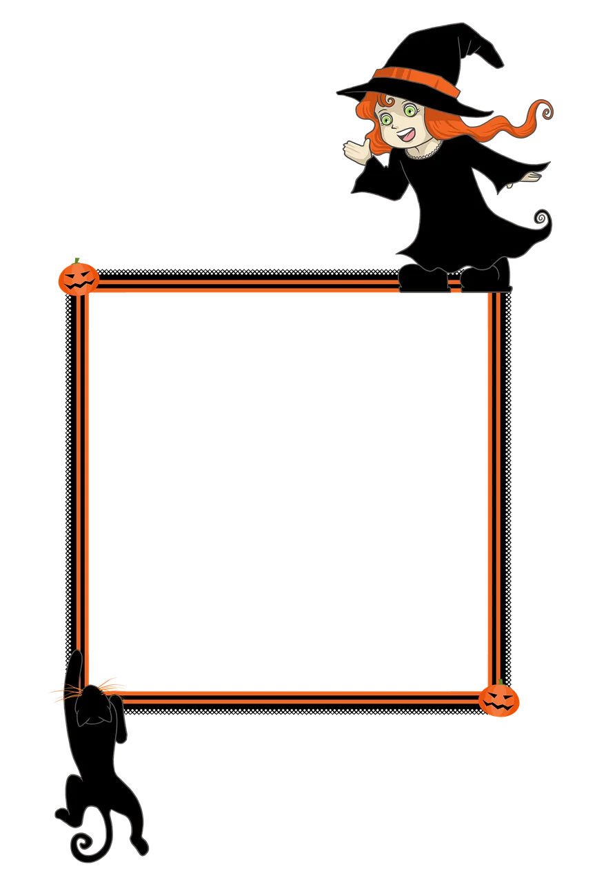 Enchanting Halloween Witch and Black Cat Frame Clipart Design for Spooky Decorations