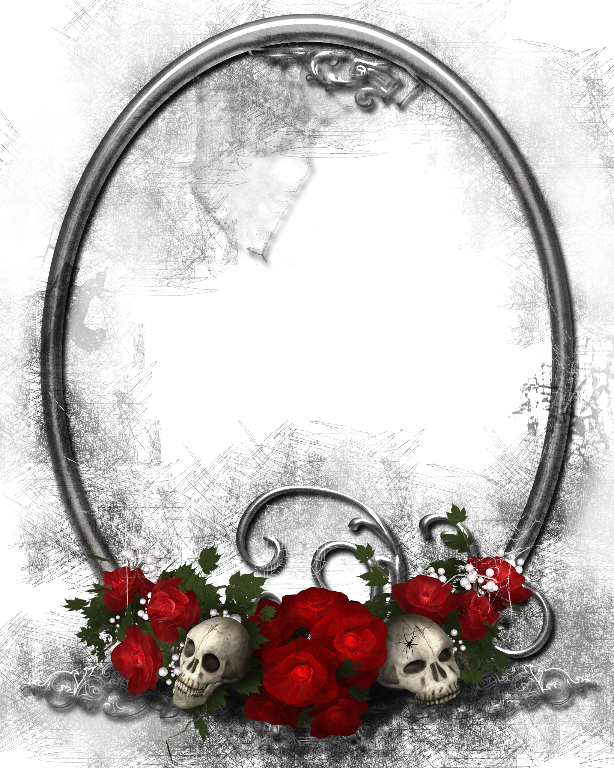 Haunting Gothic Halloween Border Clipart with Skulls and Crimson Roses