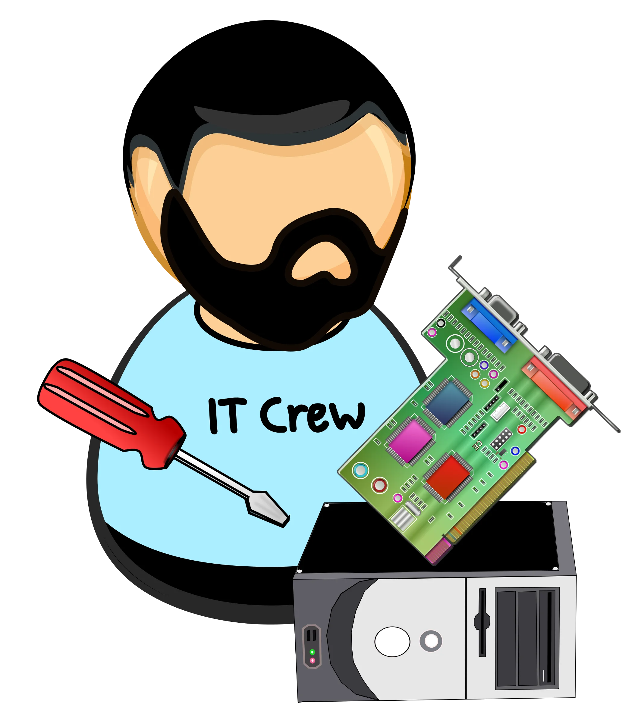 IT Professional Support Technician Cartoon Clipart with Computer Hardware