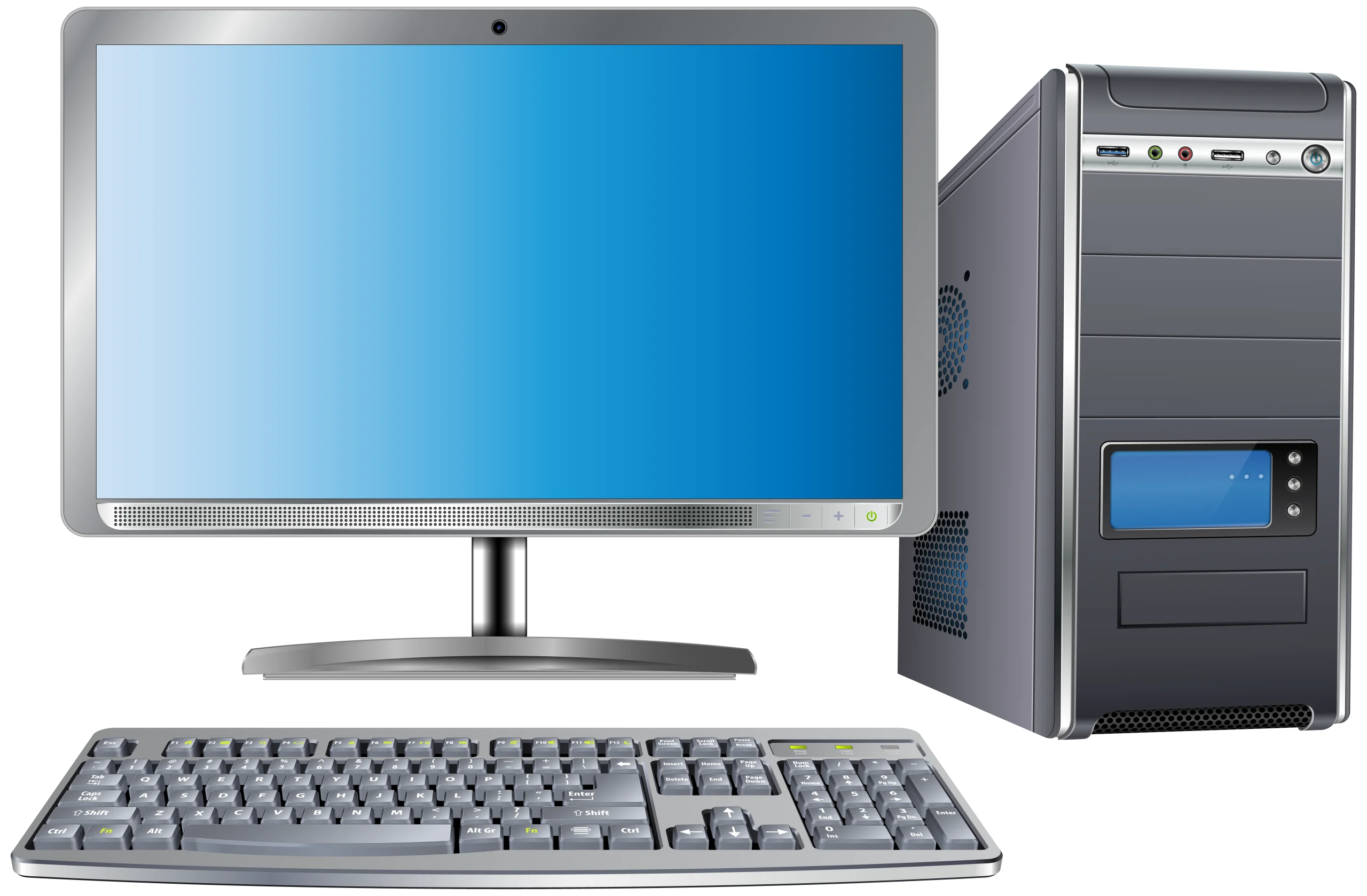 Modern Desktop Computer System Clipart with Monitor, Tower, and Keyboard