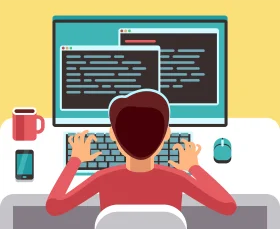 Programmer Working on Dual Screens: A Modern Tech Workspace Clipart Scene