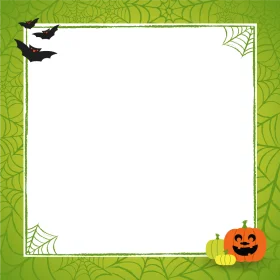 Spooky Halloween Border Clipart with Bats, Pumpkin, and Spider Webs on Green Background