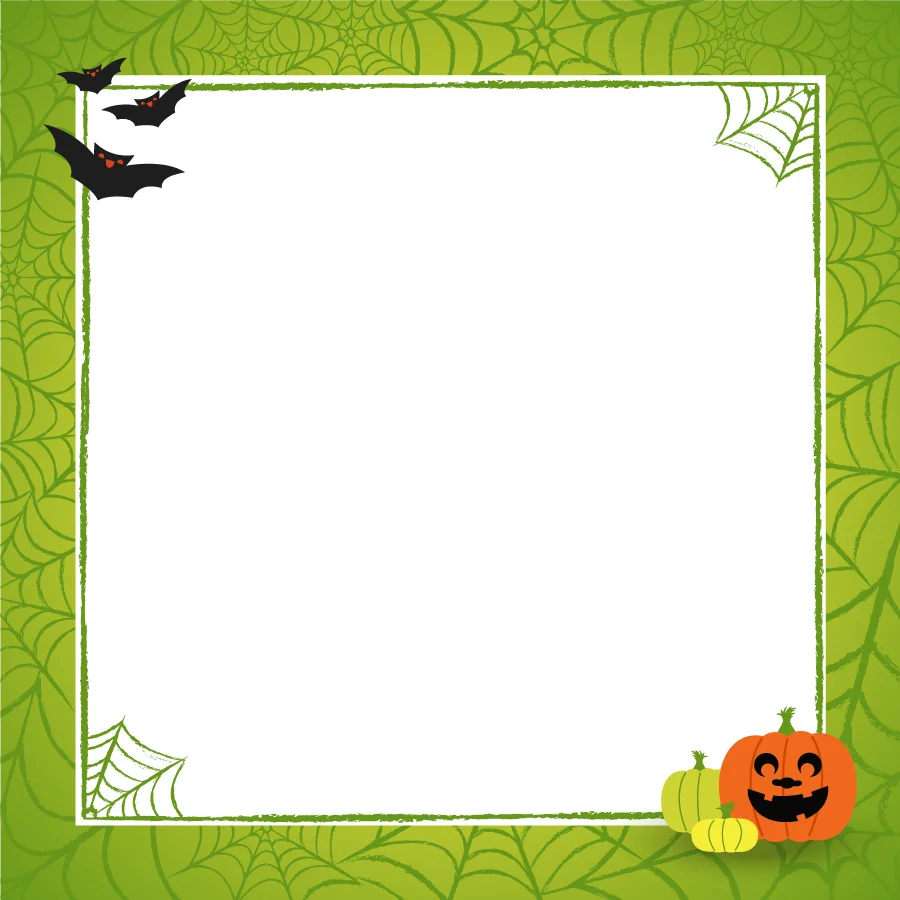 Spooky Halloween Border Clipart with Bats, Pumpkin, and Spider Webs on Green Background