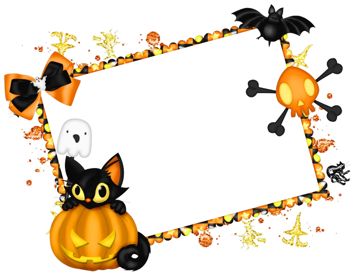 Spooky Halloween Frame Clipart with Pumpkins, Black Cat, and Playful Bats