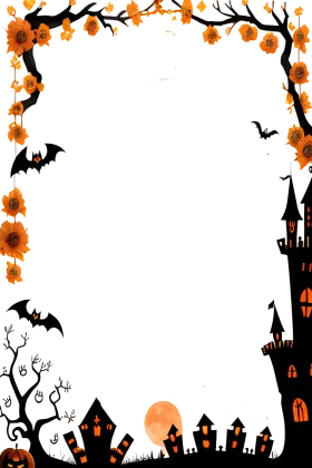 Spooky Halloween Night Border Clipart with Haunting Silhouettes and Autumn Blossoms