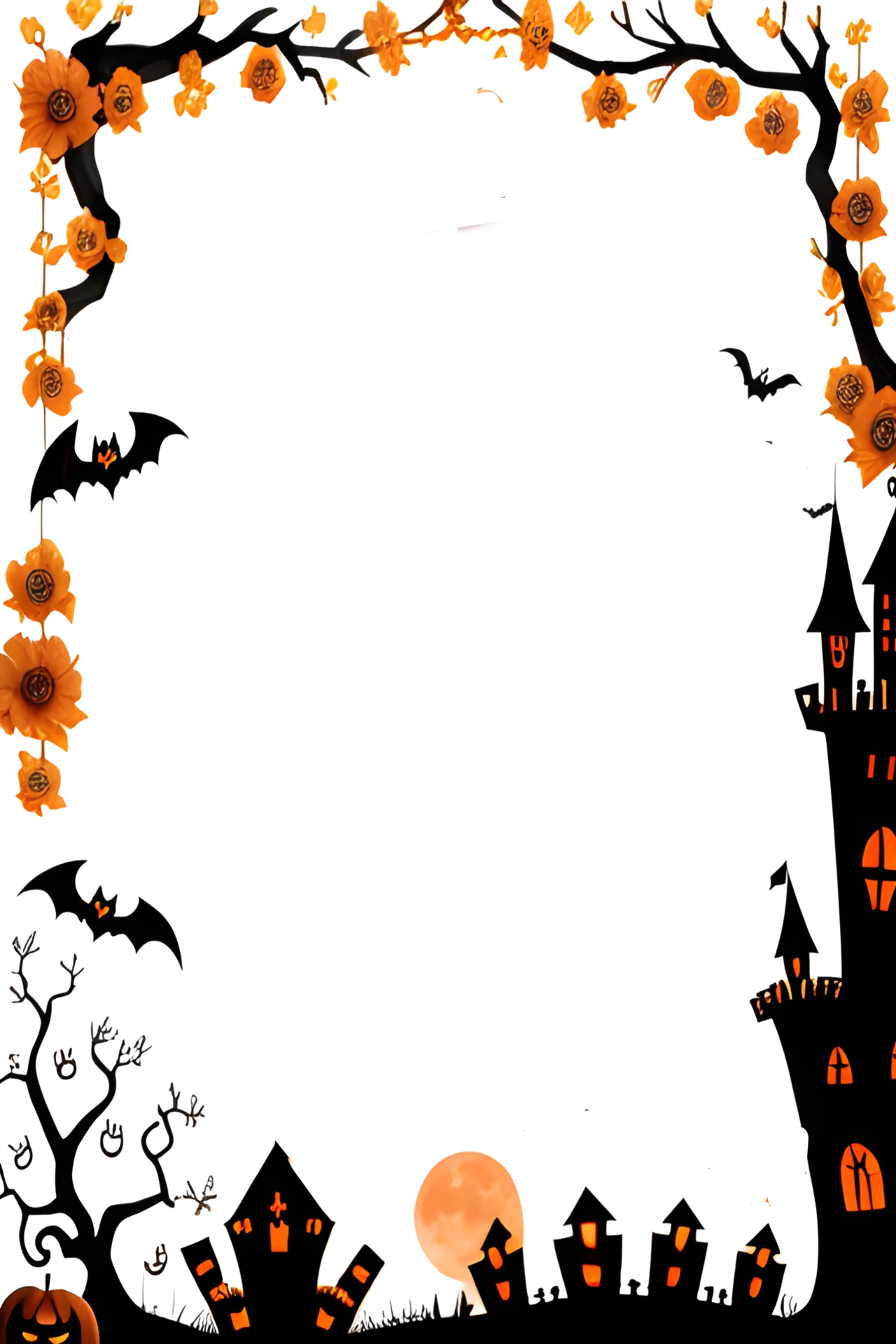 Spooky Halloween Night Border Clipart with Haunting Silhouettes and Autumn Blossoms