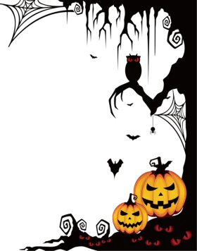 Spooky Halloween Night Silhouette Border Clipart with Pumpkins and Bats