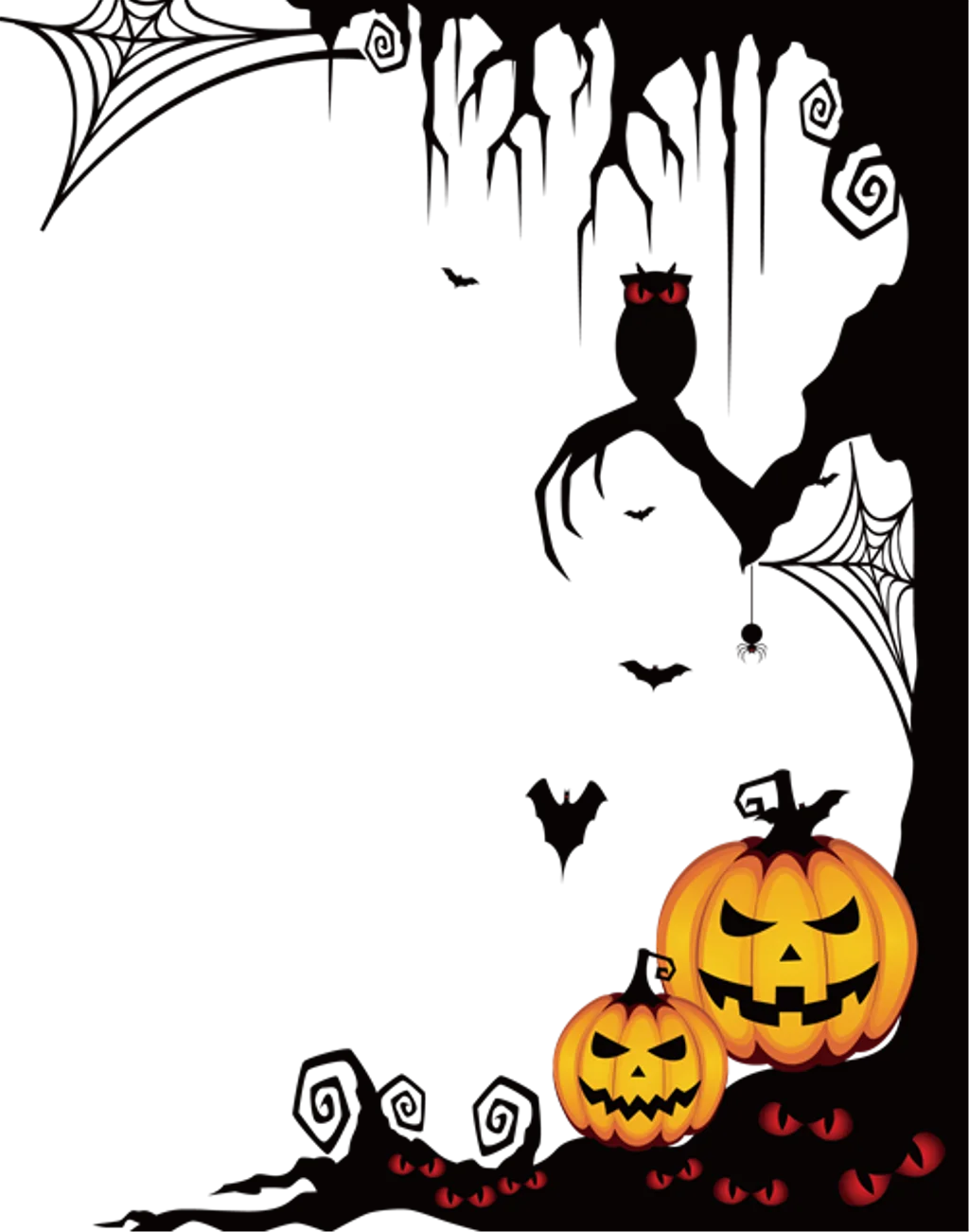 Spooky Halloween Night Silhouette Border Clipart with Pumpkins and Bats